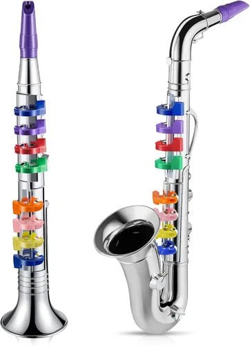 Vista 10 de Lewtemi Juego de 2 instrumentos musicales de juguete que incluye saxofón + 8 teclas de saxofón dorado instrumentos musicales de plástico para niños