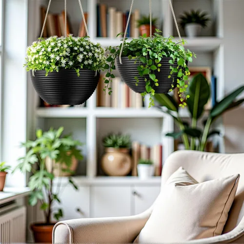 Vista 2 de Asnext Maceta colgante de 10 pulgadas con patrón de línea para plantas de interior y exterior, paquete de 2 macetas colgantes redondas para plantas
