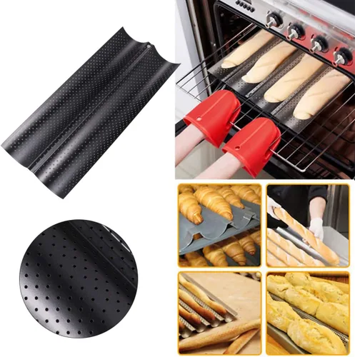 Vista 4 de Luxshiny Pan de pan francés, herramienta para hornear de cocina, antiadherente, perforada, sartén para pan francés, sartén para hornear pan francés