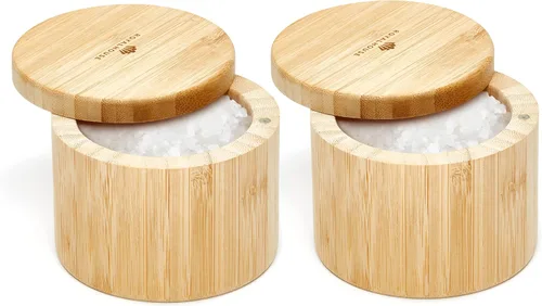 Vista 8 de RoyalHouse Soporte para sal y pimienta de bambú natural con tapa de bambú Bodega de sal con tapa giratoria magnética, caja de almacenamiento sana