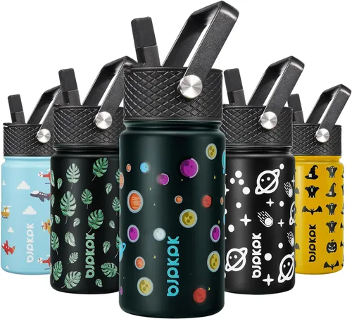 Vista 19 de BJPKPK Botella de agua con tapa con pajilla, botella de agua aislada de 15 onzas, botellas de agua de metal de acero inoxidable, termo reutilizable