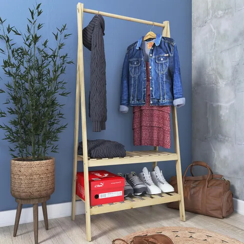 Vista 7 de Perchero de madera, estante de ropa hecho en Europa con estantes espaciosos