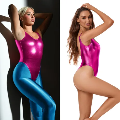 Vista 2 de Kepblom Womens Metallic Bodysuit Leotards - Shiny Backless 80s90s Rave Outfits,High Cut Thong Top, One Piece Swimsuit