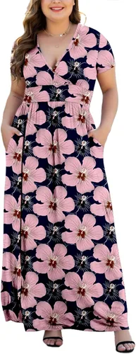 Vista 13 de Maxi vestido casual para mujer, diseño de manga corta con cuello en V y bolsillos, tallas L-5XL A01-negro