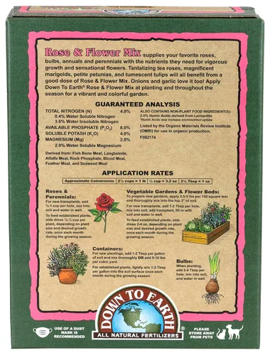 Vista 2 de Down To Earth All Natural Fertilizers Mezcla orgánica de rosas y flores - Alimento vegetal para rosas, bulbos, flores y ornamentales 4-8-4, 5 libras