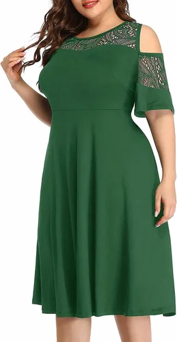 Vista 4 de Pinup Fashion Vestidos midi con cuello de malla y hombros descubiertos de talla grande para invitados de boda con bolsillos