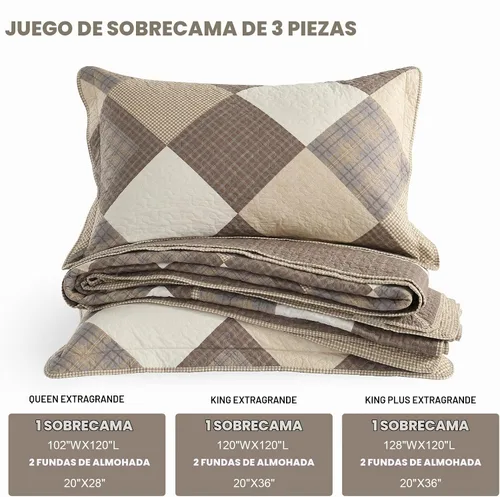 Vista 5 de Juego de ropa de cama de tamaño Queen grande, colcha de 120" x 102", 100% algodón, colcha acolchada ligera, juego de cubrecama de estilo rústico, 3