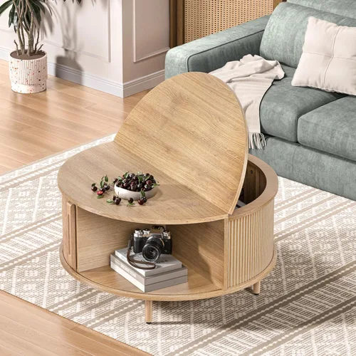 Vista 4 de Mesa auxiliar redonda, mesa central acanalada de 31.5 pulgadas con almacenamiento, mesa de centro elevable con almohadillas ajustables, puerta