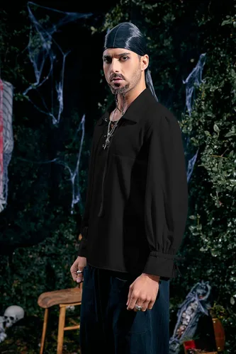 Vista 3 de Camisa de pirata medieval para hombre, vikingo, renacentista, con cordones, mercenario, Halloween, jacobita escocés, ghillie