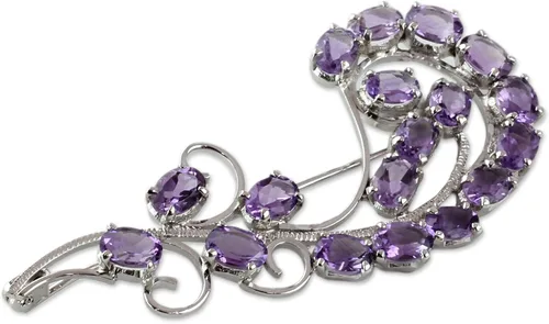 Vista 2 de NOVICA Broche de amatista hecho a mano, diseño floral, plata de ley 925, piedra natal chapada en rodio 2.8 pulgadas de largo x 1.2 pulgadas de ancho