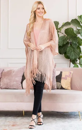 Vista 3 de Poncho de lentejuelas bohemio con purpurina - Kimono Cardigan, bufanda de malla metálica brillante, capa de crochet de punto abierto