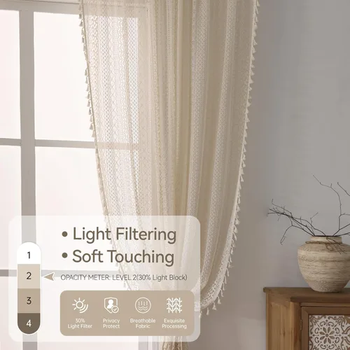 Vista 4 de WAZZIO Cortinas de Encaje, Cortina Boho de Crochet para Dormitorio, Cortinas de Café de Algodón, 45 Pulgadas de Largo, 2 Paneles con Bolsillo