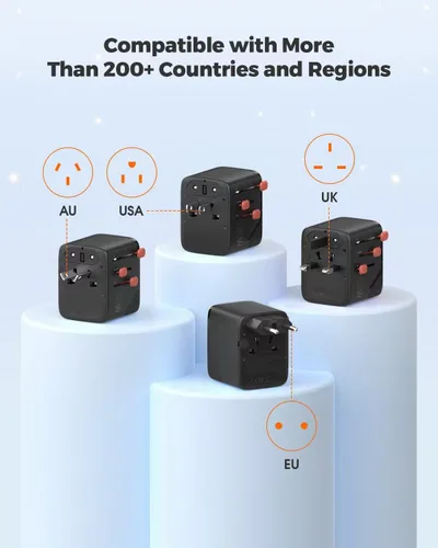 Vista 2 de Adaptador de viaje universal, adaptador de corriente internacional con 3 USB C (PD 20 W), 1 USB A, adaptador de enchufe todo en uno, esenciales