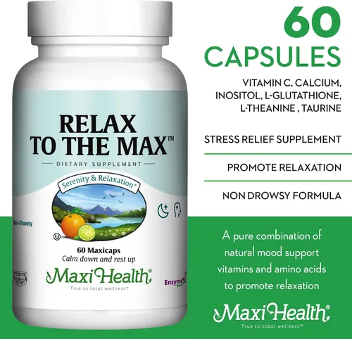 Vista 3 de Maxi Health - Relax to The Max Stress Relief Formula (60 unidades) Cápsulas con vitamina C, calcio, L-teanina, L-taurina y aminoácidos - Todos