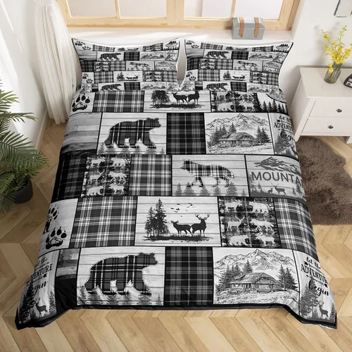Vista 18 de Funda de edredón de cabaña marrón retro, juego de ropa de cama de retazos con diseño de oso del bosque, ciervos para cabaña rústica, funda de Multi