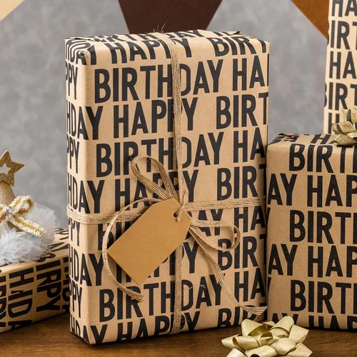 Vista 6 de MAYPLUSS Rollo de papel de regalo de feliz cumpleaños de los SS, envoltura de regalo de Kraft vintage Papel de regalo de 17 pulgadas x 33 pies