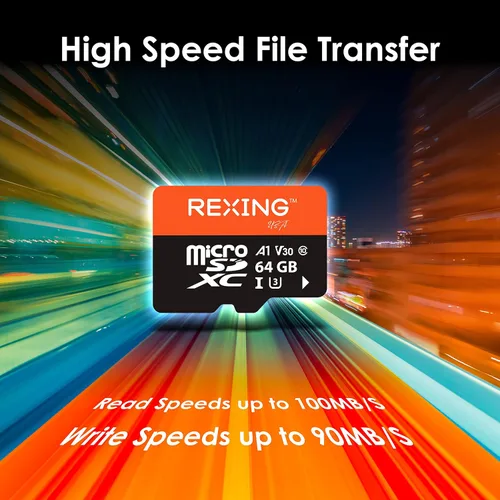 Vista 4 de RexingUSA Tarjeta SD microSDXC UHS-3 4K Full HD de 64 GB de monitoreo de transferencia de alta velocidad con adaptador para cámaras de salpicadero