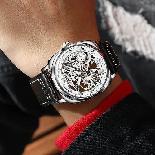 Vista 4 de OUPINKE Relojes automáticos de esqueleto para hombre, mecánica, cuerda automática, correa de cuero elegante, estilo steampunk, luminoso