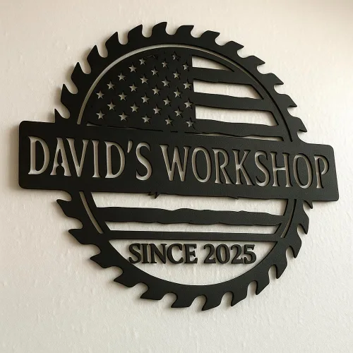 Vista 10 de Letrero de metal personalizado para garaje con camioneta pickup vintage americana, arte de pared de taller redondo, nombre personalizado y año EST