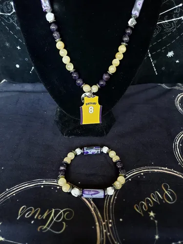 Vista 2 de Basketball Gemstone Necklace (Amethyst, Yellow Calcite, Howlite, Hematite, & Purple Line Agate) W/Matching Bracelet