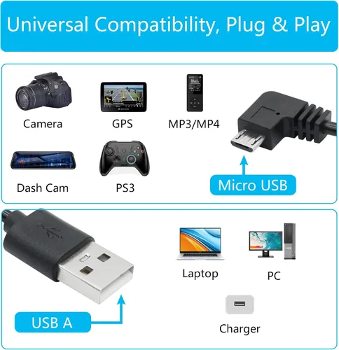 Vista 6 de Cable de alimentación micro USB de 90 grados para cámara de tablero de 11 pies, cable de carga USB en ángulo izquierdo, solo alimentación,
