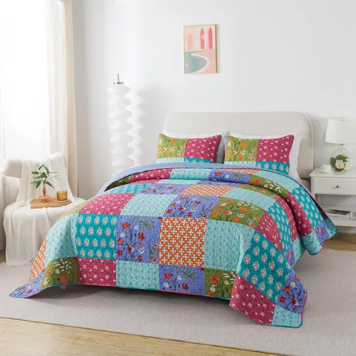 Vista 3 de SLPR All is Bright - Juego de edredón de 2 piezas, tamaño individual con 1 funda, colcha acolchada ligera de verano con parches coloridos, ropa