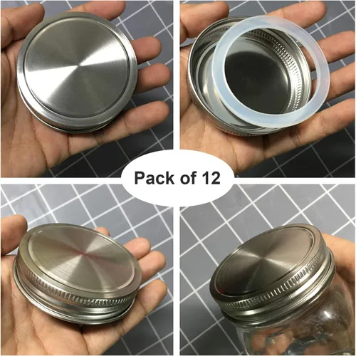 Vista 5 de Tapas para tarros de acero inoxidable, tapas de almacenamiento con sellos de silicona para frascos de boca regular, superficie pulida, reutilizables