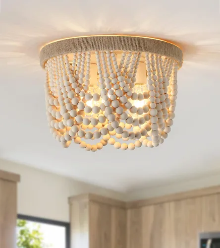 Vista 10 de AMZASA - Lámpara colgante enchufable estilo bohemio con cuerda de cáñamo tejida, perlas de madera, lámpara colgante rústica para casa de campo