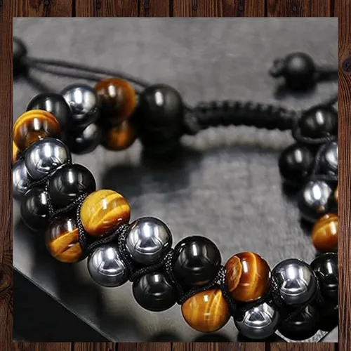 Vista 2 de Treatment Crystal Tiger Eye Black Obsidian Hematite 8 Mm Stone Beads Good Luck Triple Protection Bracelet For Men Ladies