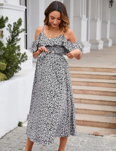 Vista 4 de KOJOOIN Vestido de maternidad para mujer, con volantes, manga corta, tirantes delgados, vestido floral, cuello en V, acampanado, vestido