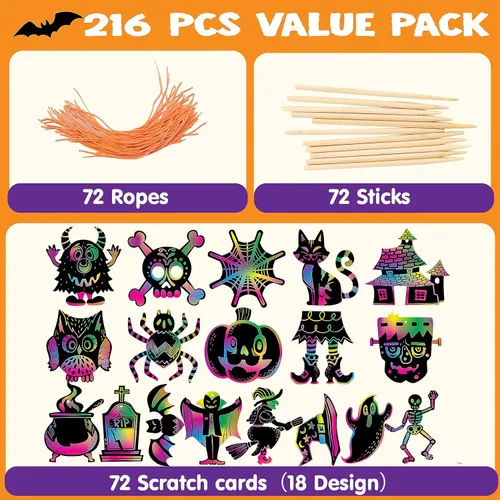 Vista 2 de JOYIN 72 piezas de manualidades de Halloween para niños, recuerdos de fiesta de Halloween, papel rascador con 18 diseños para suministros de fiesta