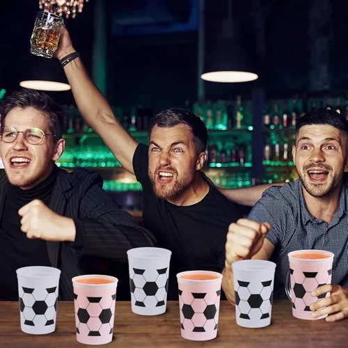 Vista 6 de Tevxj 24 vasos de plástico reutilizables para fanáticos del fútbol de 12 onzas, suministros de fiesta reutilizables, decoraciones de pelota