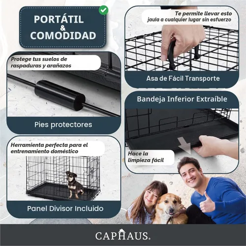 Vista 5 de CAPHAUS Perrera plegable de alambre de metal para perros con bandeja a prueba de fugas y patas protectoras y panel divisor, puerta individual
