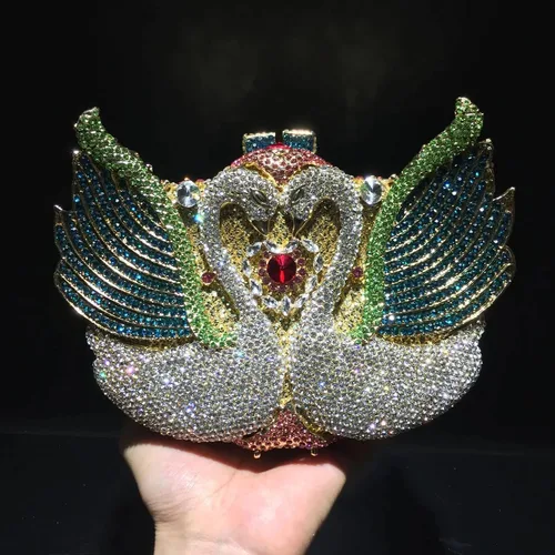 Vista 7 de Bolso de mano personalizado para mujer, con diamantes de imitación, calabaza, helado, mariposa, búho, cisne, bolsa de noche, Rosa (Swan Pink)