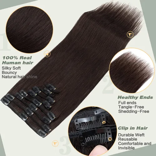 Vista 4 de S-noilite Extensiones de cabello humano con broches, cabello humano corto con clip, para mujer, cabello humano 100% Remy, cobertura de cabeza Marrón