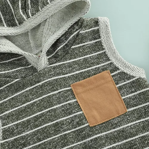 Vista 6 de Conjunto de ropa de verano para bebés y niños pequeños, a rayas, liso/teñido anudado, sin mangas, sudadera con bolsillo y pantalones cortos