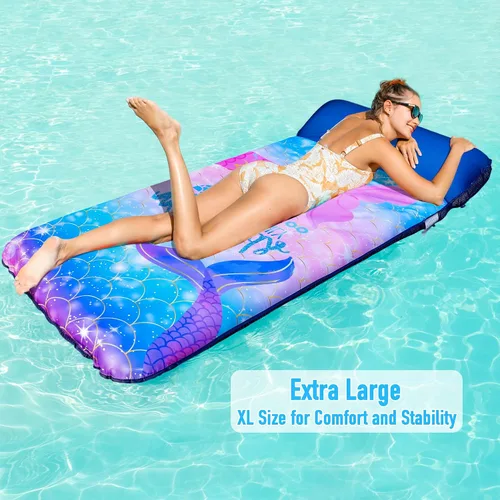 Vista 3 de Flotadores de piscina de gran tamaño para adultos, 72 x 38 pulgadas, flotador de piscina cubierto de tela extra grande con reposacabezas, flotadores