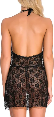 Vista 7 de Conjunto de lencería transparente para mujer pijama con encaje en la espalda ropa de dormir con correa de encaje ropa de dormir para mujer