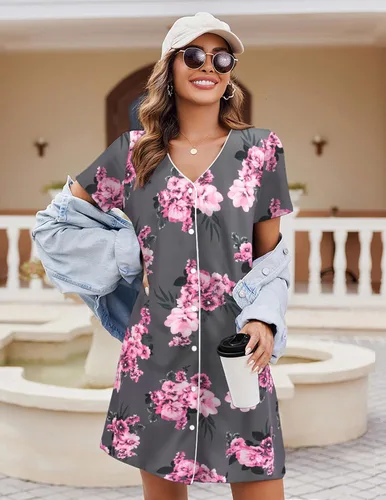 Vista 2 de Ekouaer Camisón de manga corta con botones para mujer, camisón suave con cuello en V