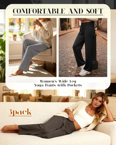 Vista 150 de Neer - Conjunto de 3 pantalones de yoga de pierna ancha para mujer - Pantalones deportivos cómodos, holgados, de cintura alta y casuales