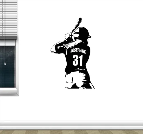 Vista 2 de Calcomanía de pared personalizada con mano izquierda para niña de sóftbol/jugador de béisbol – Elige tu nombre y números, camisetas de jugador