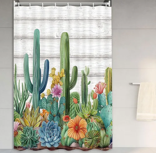Vista 4 de Cortina de ducha de cactus, plantas tropicales, hojas verdes, suculentas, cactus rosas, rústico, gris, decoración de puerta de granero de madera