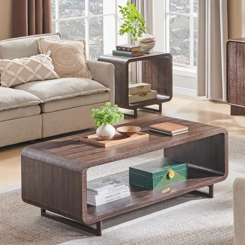 Vista 3 de IFGET Mesa de Centro Moderna de 48", Mesa Central Minimalista de 2 Niveles con Estante de Almacenamiento, Diseño de Perfil Curvo, Mesa Rectangular