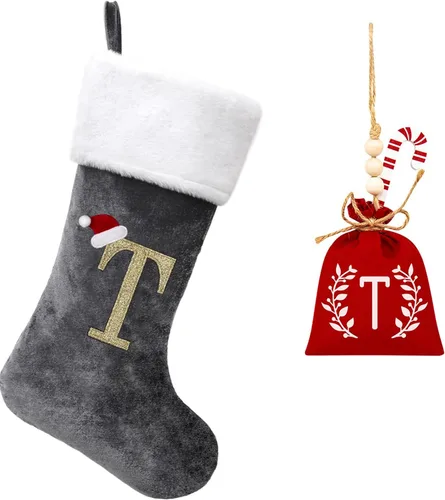 Vista 162 de Calcetines de Navidad bordados de 20 pulgadas con monograma, terciopelo negro con puño de felpa blanca supersuave, adornos clásicos para decoración