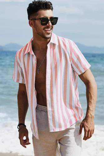 Vista 3 de JMIERR - Camisa de vestir informal de manga corta con botones y rayas para hombre camisa de algodón
