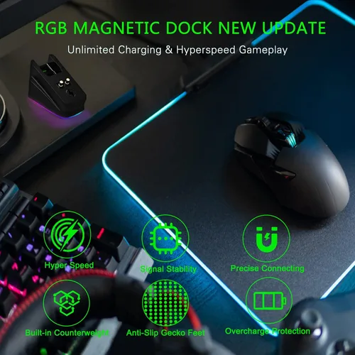 Vista 6 de Base de carga para mouse inalámbrico Razer Viper Ultimate Naga Pro DeathAdder V2 Pro y Basilisk Ultimate Magnetic Charging RGB Lights Indicador