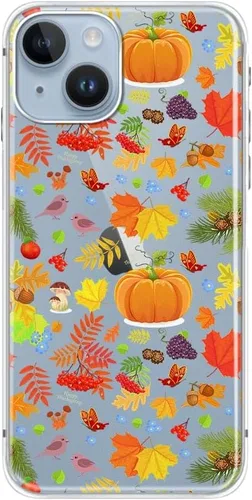 Vista 2 de Blingy's Funda para iPhone 14, divertido estilo calabaza con patrón de hojas de otoño, lindo diseño de otoño, funda protectora transparente de TPU
