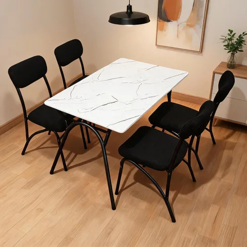Vista 10 de GarveeHome Juego de mesa de comedor de 5 piezas para 4, mesa de cocina moderna con 4 sillas de bouclé, mesa de comedor rectangular con estante