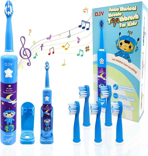 Vista 8 de OJV 8620 Cepillos de dientes eléctricos musicales para niños, 3 modos de temporizador de 2 minutos, 6 cerdas recargables de energía inteligente, Azul