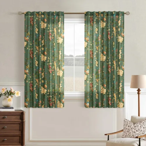 Vista 40 de Cortinas de lino de pájaro floral azul 2 paneles de 72 pulgadas de largo Aqua Blue